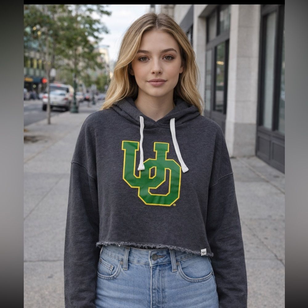 University of Oregon Ducks Fanatics Women’s Crop Hoodie Grey Green Large UO